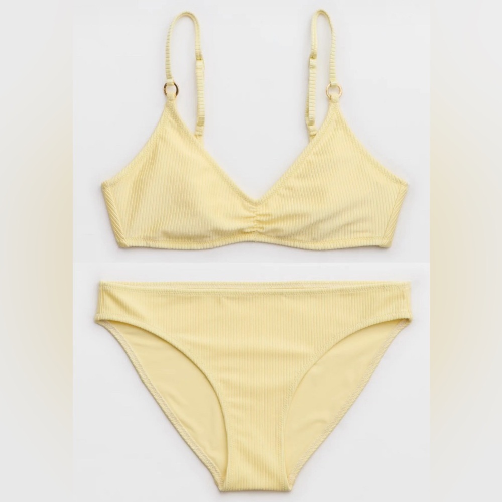 NWT Aerie FULL SET Beach Babe Shine Rib Voop Top + Full Coverage Bottom Yellow